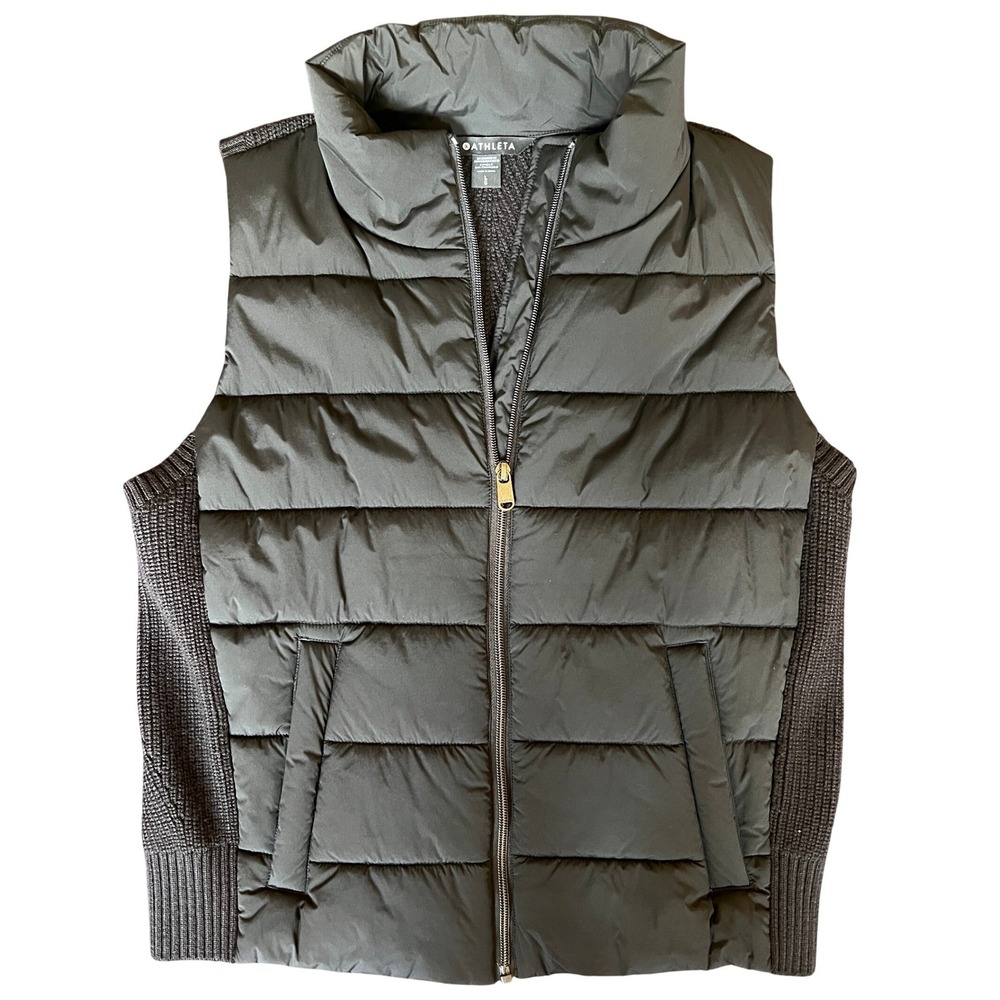 Athleta Womens Incline Hybrid Puffer Cable Knit Back Vest Black Full Zip Size L